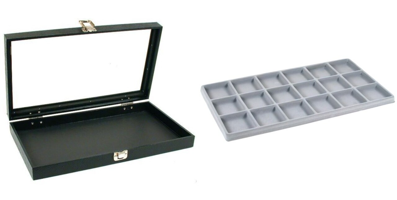 Black Glass Top Jewelry Case w/ 1 Gray 18-Slot Plastic Tray (Single metal latch)
